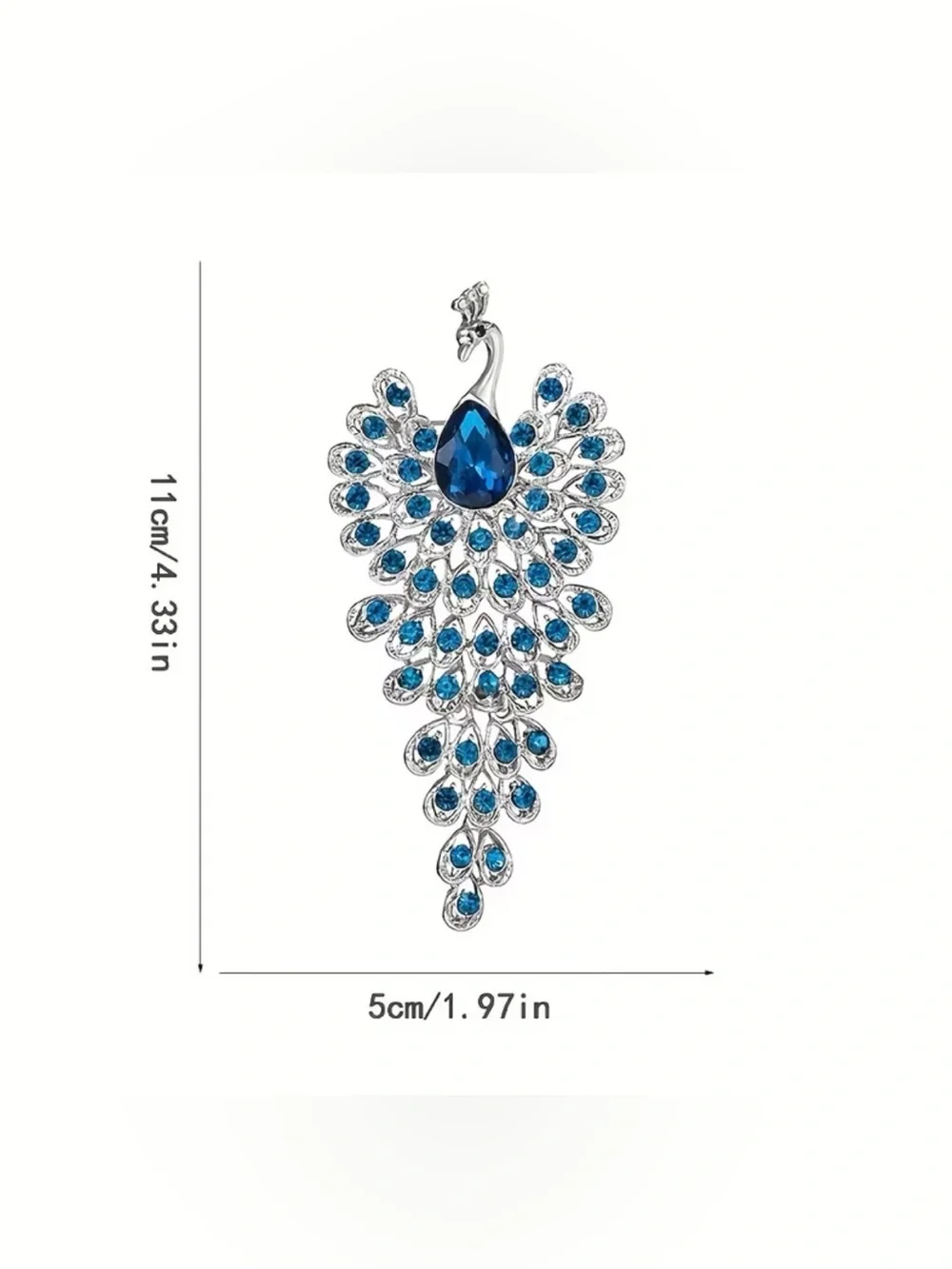 sparkling peacock-shaped statement brooch featuring blue crystals silver-tone
